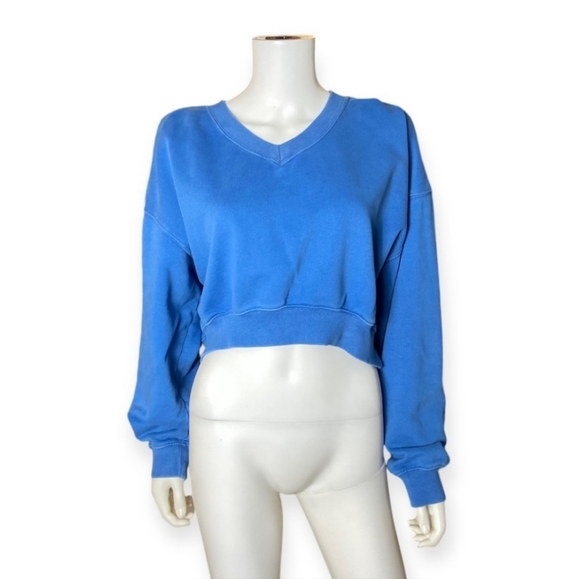OFFLINE By Aerie Throw Back Cropped V Neck Sweatshirt Small Cobalt Blue - Picture 7 of 13